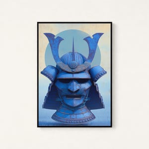 May include: A framed wall art print featuring a blue samurai helmet with a weathered, metallic texture. The helmet is centered against a pale, circular background. The design showcases intricate armor details, including a prominent crest and visor.