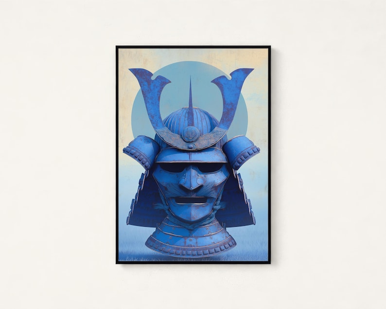 May include: A framed wall art print featuring a blue samurai helmet with a weathered, metallic texture. The helmet is centered against a pale, circular background. The design showcases intricate armor details, including a prominent crest and visor.