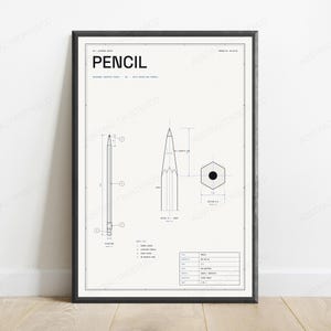 Technische tekening met potlood | Technische schematische tekening als wanddecoratie | Minimalistische designposter afbeelding 1