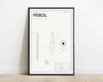 Technical Pencil Blueprint Print | Engineering Schematic Wall Art | Minimalist Design Poster