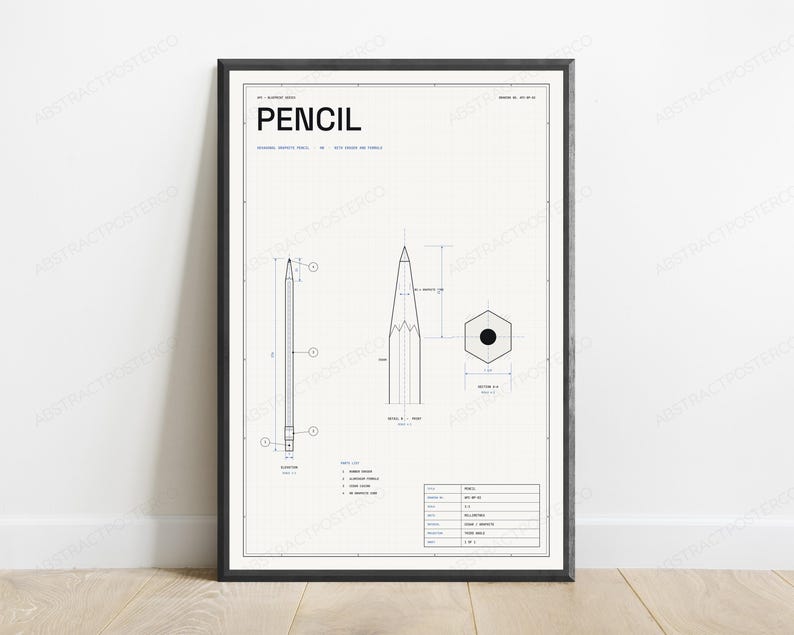 Technische tekening met potlood | Technische schematische tekening als wanddecoratie | Minimalistische designposter afbeelding 1