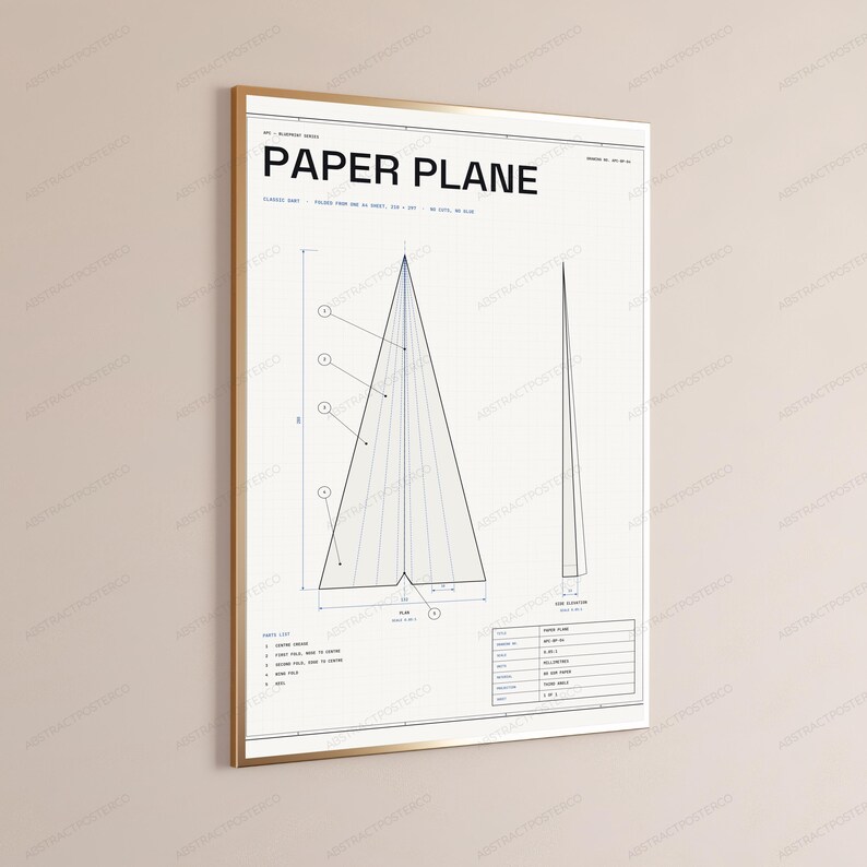 Paper Plane Blueprint Technical Print | Minimalist Origami Wall Art | Geometric Line Drawing image 3