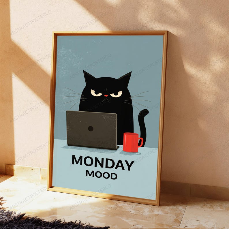 Grumpy Black Cat with Laptop Coffee Mug | Monday Mood Pop Art Print | Funny Office Wall Decor image 4