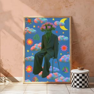 Flower Head Surreal Portrait | Dreamy Minimalist Wall Art | Whimsical Pop Art Print | Digital Download A3 A2 A1 image 4