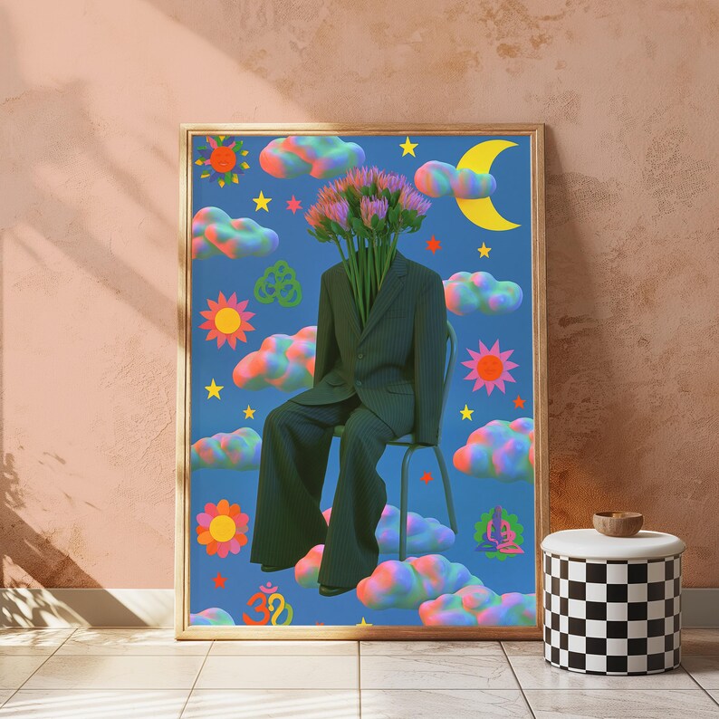 Flower Head Surreal Portrait | Dreamy Minimalist Wall Art | Whimsical Pop Art Print | Digital Download A3 A2 A1 image 4
