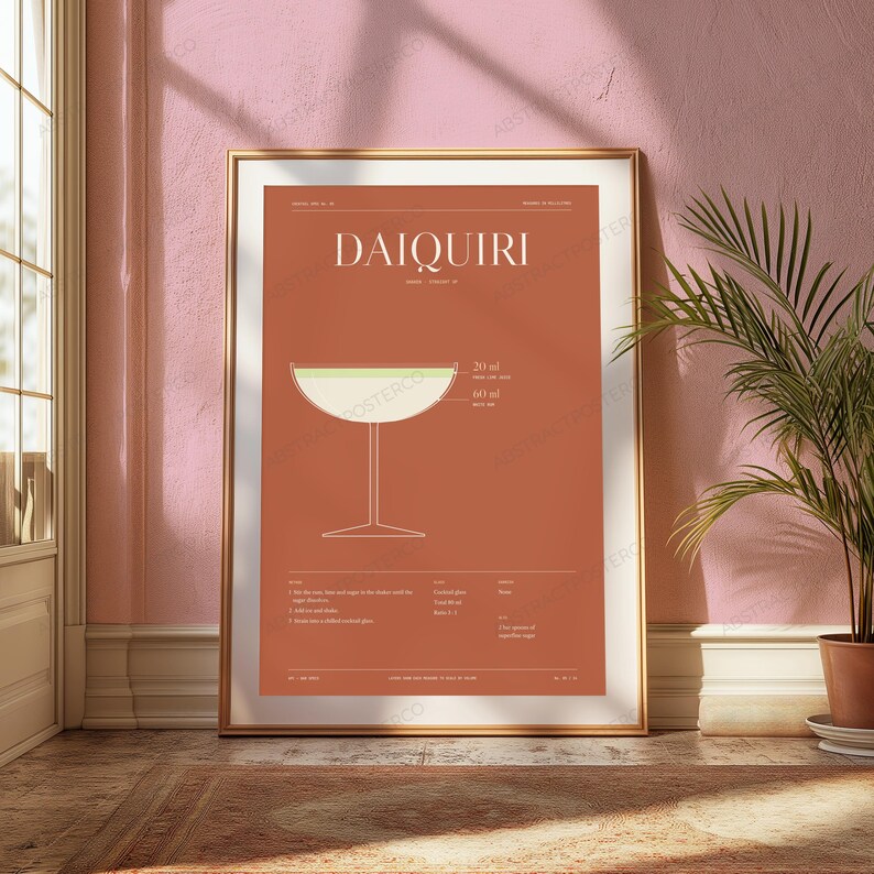 Daiquiri Cocktail Recipe Print | Minimalist Bar Art | Terracotta Kitchen Wall Decor image 4