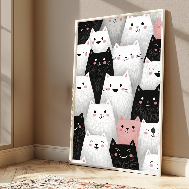 K&ouml;nnte beinhalten: Ein rechteckiger Wandkunstdruck in einem hellen Rahmen mit einem dichten, sich wiederholenden Muster aus stilisierten Katzen. Die Katzen sind in Schwarz, Wei&szlig; und zartem Rosa gehalten und haben einfache Gesichtsz&uuml;ge mit runden Augen und rosa Wangen.