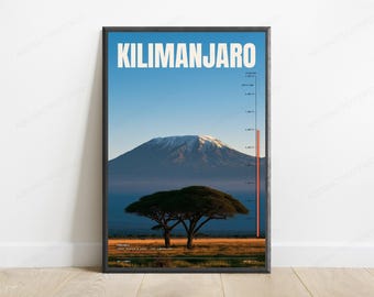 Kilimanjaro Mountain Elevation Print | African Landscape Travel Poster | Acacia Tree Wall Art