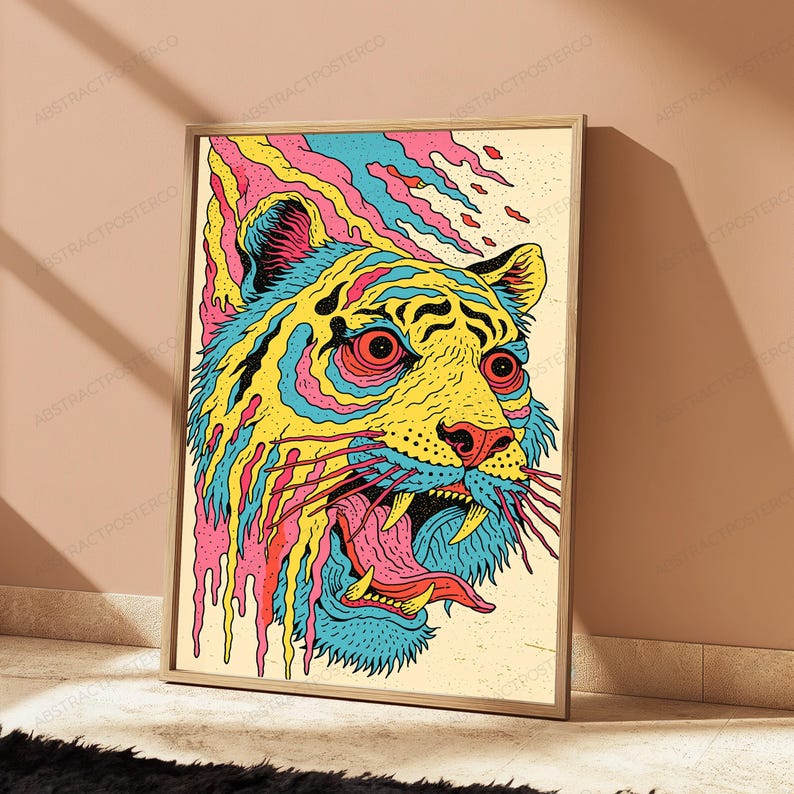 Neon Wildcat Pop Art Print | Psychedelic Tiger Wall Art | Vibrant Animal Illustration | Digital Download A3 A2 A1 image 4