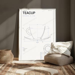 Technischer Entwurf einer Teetasse | Vintage-Konstruktionsdesign | Minimalistische Küchenwandkunst Bild 4