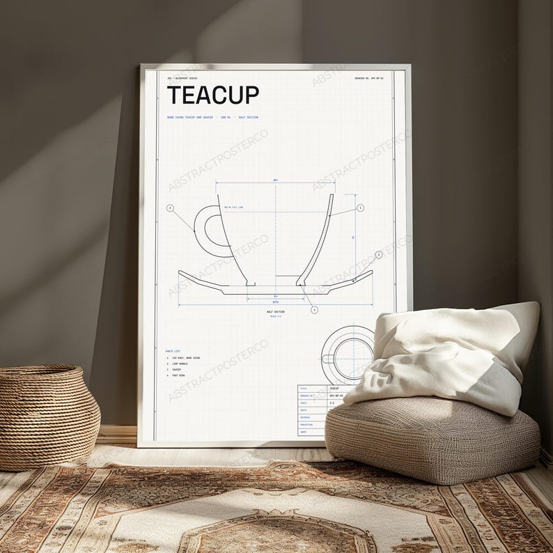 Technischer Entwurf einer Teetasse | Vintage-Konstruktionsdesign | Minimalistische Küchenwandkunst Bild 4