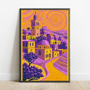 Village méditerranéen animé au sommet d'une colline | Art mural ciel tourbillonnant | Décoration d'intérieur maximaliste | Téléchargement numérique A3 A2 A1 image 7