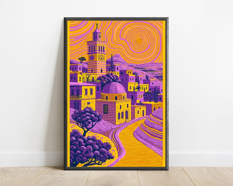 Village méditerranéen animé au sommet d'une colline | Art mural ciel tourbillonnant | Décoration d'intérieur maximaliste | Téléchargement numérique A3 A2 A1 image 7