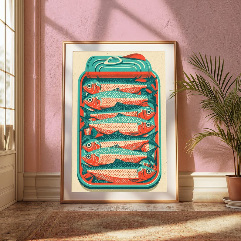 Tin of Fish Retro Art Print | Vintage Fishing Illustration | Coastal Kitchen Wall Decor | Digital Download A3 A2 A1 image 3