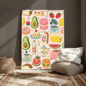 Pastel Food Pattern Art Print | Whimsical Kitchen Wall Decor | Macarons Avocado Cake Sweets Illustration bild 5