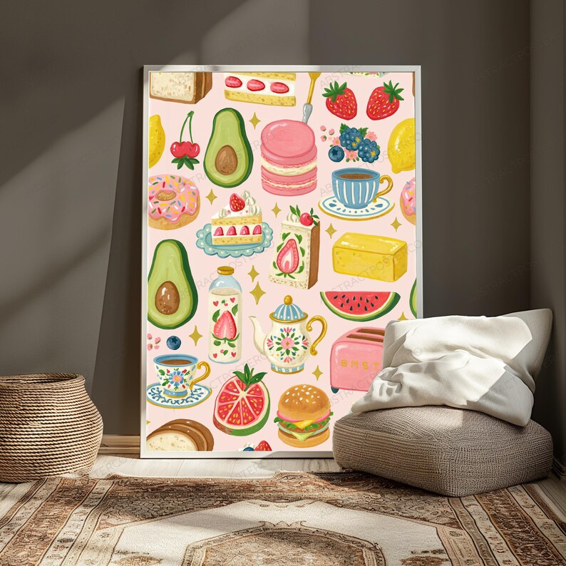 Pastel Food Pattern Art Print | Whimsical Kitchen Wall Decor | Macarons Avocado Cake Sweets Illustration bild 5