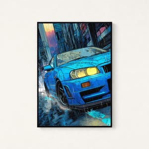 Peut inclure: Une impression d'art verticale repr&eacute;sentant une voiture de sport bleu vif roulant dans une rue urbaine pluvieuse au cr&eacute;puscule. La voiture a des phares jaunes brillants et est entour&eacute;e de hauts b&acirc;timents sous un ciel au coucher du soleil.