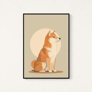 Puede incluir: Una impresi&oacute;n de arte mural enmarcada que presenta una ilustraci&oacute;n estilizada de un perro Shiba Inu sentado de perfil. El perro tiene pelaje naranja y crema, y est&aacute; colocado sobre un fondo beige s&oacute;lido con una forma circular m&aacute;s clara detr&aacute;s.