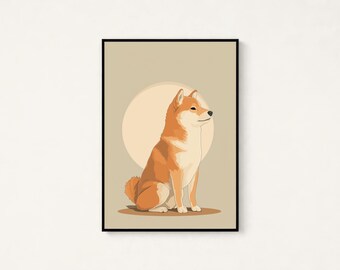 Sitting Corgi Portrait Print | Minimalist Dog Art | Warm Neutral Wall Decor | Digital Download A3 A2 A1