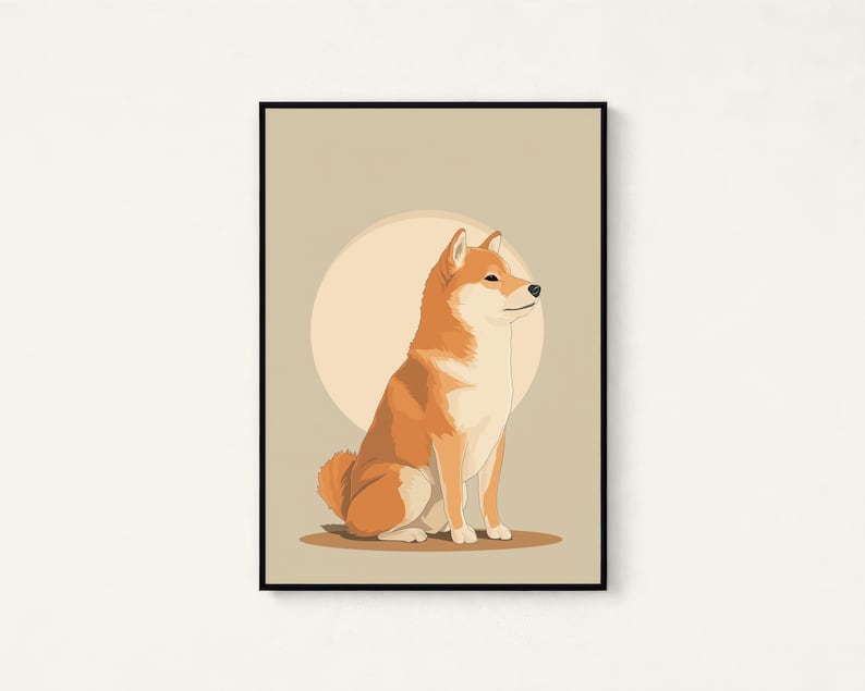 Puede incluir: Una impresi&oacute;n de arte mural enmarcada que presenta una ilustraci&oacute;n estilizada de un perro Shiba Inu sentado de perfil. El perro tiene pelaje naranja y crema, y est&aacute; colocado sobre un fondo beige s&oacute;lido con una forma circular m&aacute;s clara detr&aacute;s.