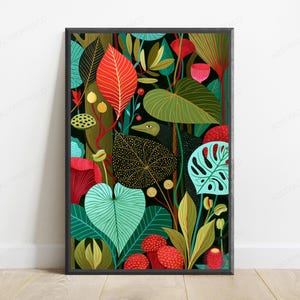 May include: A rectangular framed wall art print featuring a dense jungle scene with a black background. The illustration displays various stylized tropical leaves in shades of red, teal, green, and yellow, alongside small berries and a hidden bird.