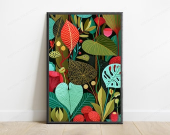 Tropical Jungle Bird Botanical Wall Art | Colorful Leaves Minimalist Print | Nature Home Decor | Digital Download A3 A2 A1