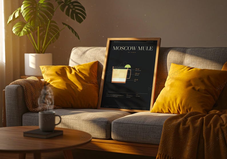 Moscow Mule Cocktail Recipe Print shown in a living room