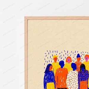 May include: A framed wall art print featuring a group of stylized figures in a crowd. The illustration uses a vibrant color palette of blue, orange, yellow, and red against a speckled beige background, all enclosed in a light wood frame.