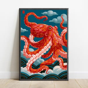 May include: A framed art print featuring a vibrant red octopus with patterned skin and light pink suckers. The octopus is positioned against a dark teal background with stylised blue waves at the bottom and fluffy white clouds in the sky.