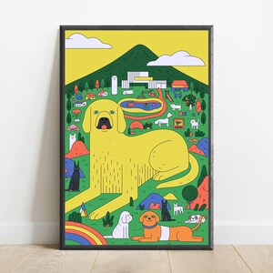 Cachorro amarelo gigante minimalista no campo | Arte de parede fofa com animais de estimação | Decoração pop art para casa | Download digital A3 A2 A1 imagem 7