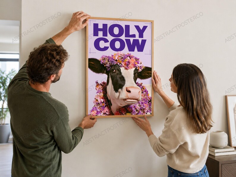 Holy Cow Pop Art Print, held up in a room