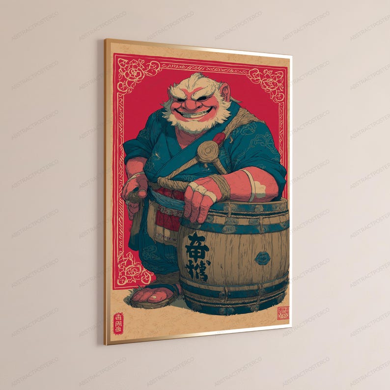 K&ouml;nnte beinhalten: Ein gerahmter Kunstdruck mit einer stilisierten Illustration einer untersetzten, b&auml;rtigen Figur mit roter Haut in einem blauen Gewand, die sich auf ein Holzfass st&uuml;tzt. Der Hintergrund ist leuchtend rot mit floralen Bord&uuml;ren und schwarzem japanischem Text.
