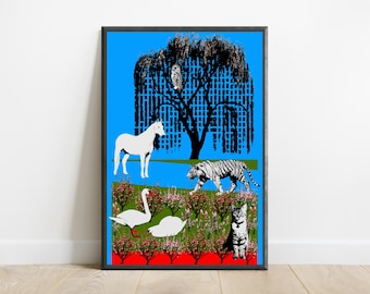 Magical Garden Animals Wall Art | Minimalist Nature Print | Wildlife Illustration Home Decor | Digital Download A3 A2 A1