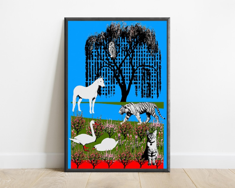 Magical Garden Animals Wall Art | Minimalist Nature Print | Wildlife Illustration Home Decor | Digital Download A3 A2 A1 image 1