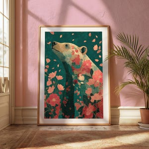 May include: A framed vertical wall art print featuring a beige bear surrounded by vibrant pink and red flowers against a deep teal background. The bear is depicted in profile, looking upward, with floral patterns integrated into its fur.