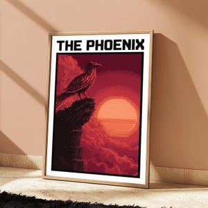 Lámina de arte pixelado de fénix / Silueta de sol rojo / Arte mural minimalista retro / Decoración fantástica / Descarga digital A3 A2 A1 imagen 4