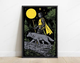 Medeltida riddare, varg, måne, pixelkonsttryck | Fantasiväggkonst (digital nedladdning)