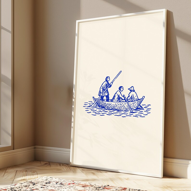 Lámina artística "Tres barqueros remando" / Boceto náutico vintage / Decoración minimalista de pared marítima / Descarga digital A3 A2 A1 imagen 2