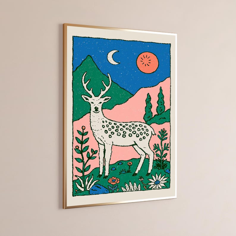 White Stag Moonlit Forest Minimalist Art Print | Woodland Deer Wall Art | Nature Home Decor | Digital Download A3 A2 A1 image 3