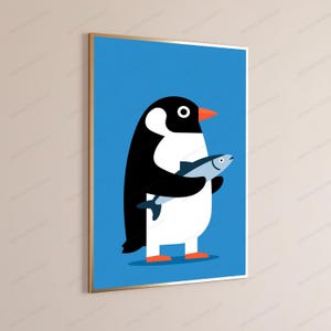 Penguin with Fish Pop Art Print | Minimalist Bird Wall Art | Fun Coastal Decor 画像 3