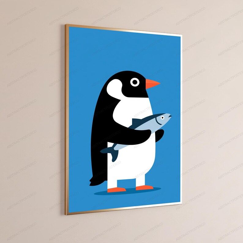 Penguin with Fish Pop Art Print | Minimalist Bird Wall Art | Fun Coastal Decor 画像 3