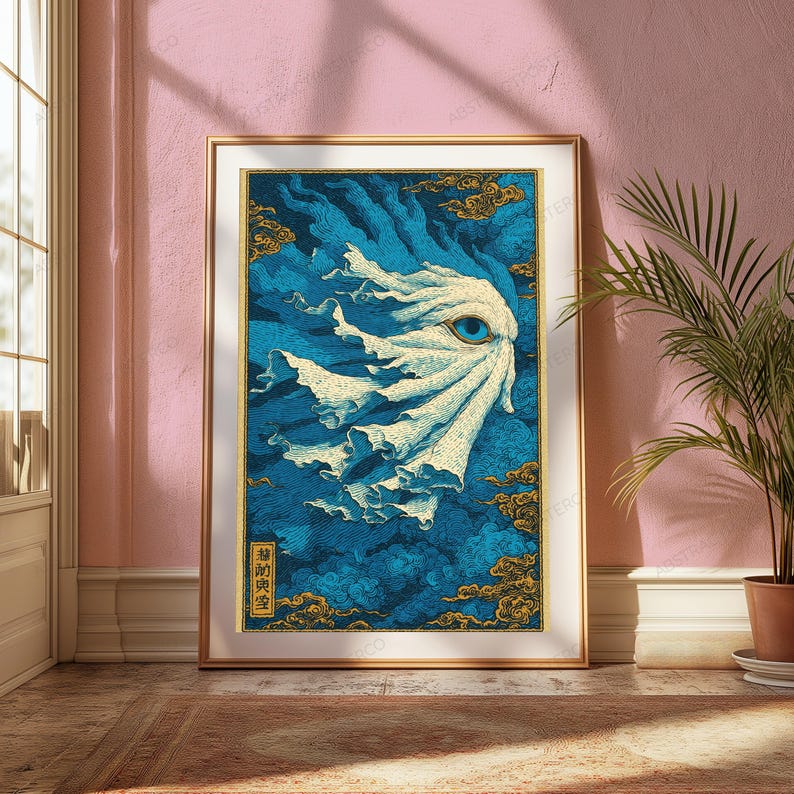 May include: A framed vertical art print featuring a stylized white, flowing, ghost-like figure with a single prominent blue eye against a deep blue background of swirling clouds and gold accents, including a vertical rectangular seal with Japanese text.