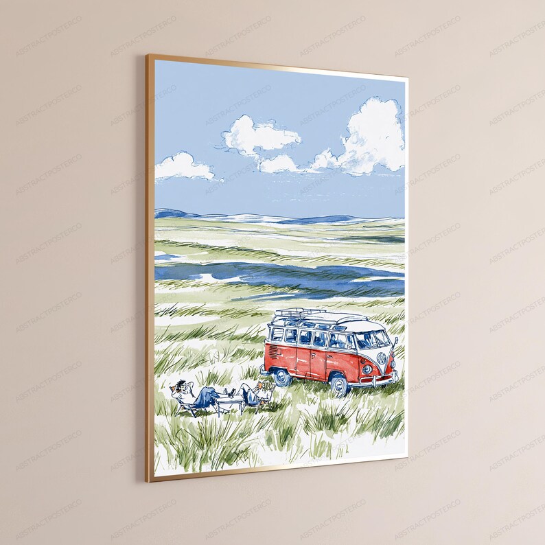 May include: A framed wall art print featuring a watercolor illustration of a red and white vintage camper van parked in a grassy field under a blue sky with white clouds. Two figures are relaxing in lounge chairs next to the vehicle.