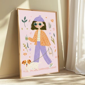 Impressão artística botânica de menina com cachorro | Retrato minimalista | Decoração de parede com estilo peculiar | Download digital A3 A2 A1 imagem 3