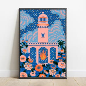 May include: A framed art print featuring a central pink tower with a dome and a fire graphic at the base. The scene is surrounded by vibrant blue, pink, and orange flowers and foliage against a dark blue sky filled with stylized pink clouds.