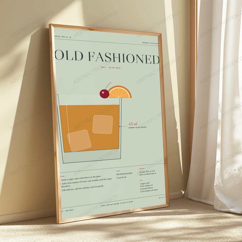 Old Fashioned Cocktail Recipe Print in Sage | Whiskey Drink Wall Art | Retro Bar Decor image 5