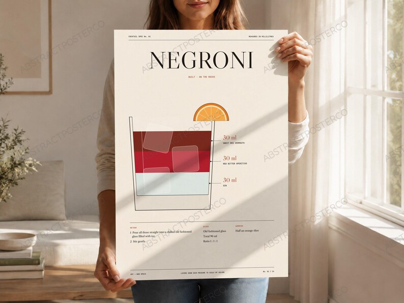 Negroni Cocktail Recipe Print in Cream, held up in a room