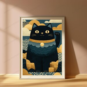 May include: A framed art print featuring a stylized black cat with large yellow eyes and a raised paw. The cat wears a gold collar with a circular pendant, surrounded by golden coin stacks, stylized blue waves, and yellow clouds on a dark blue background.