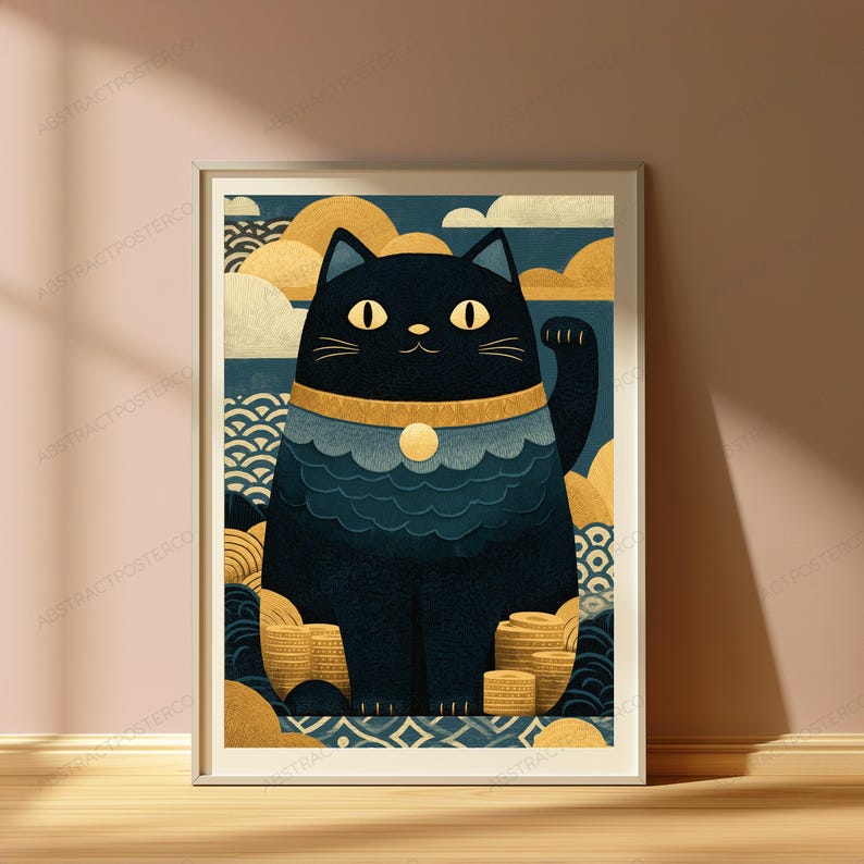 May include: A framed art print featuring a stylized black cat with large yellow eyes and a raised paw. The cat wears a gold collar with a circular pendant, surrounded by golden coin stacks, stylized blue waves, and yellow clouds on a dark blue background.