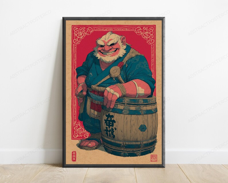 K&ouml;nnte beinhalten: Ein gerahmtes Poster mit einer rot-h&auml;utigen, b&auml;rtigen Figur in einem blauen Kimono, die sich auf ein Holzfass st&uuml;tzt. Auf dem Fass befinden sich schwarze japanische Schriftzeichen. Der Hintergrund ist tiefrot mit einem floralen Rand.